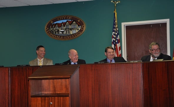 Avondale Estates City Commissioners share a laugh during the Jan. 27 City Commission meeting. Photo by: Dan Whisenhunt