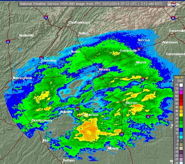 Radar Image of Metro Atlanta from the National Weather Service. Image captured at 2:12 am, Feb. 12