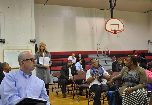Toomer Elementary Parent Teacher Association President Stacey Martin speaks during a March 18 public input meeting about the future of Coan and King Middle schools. Photo by Dan Whisenhunt