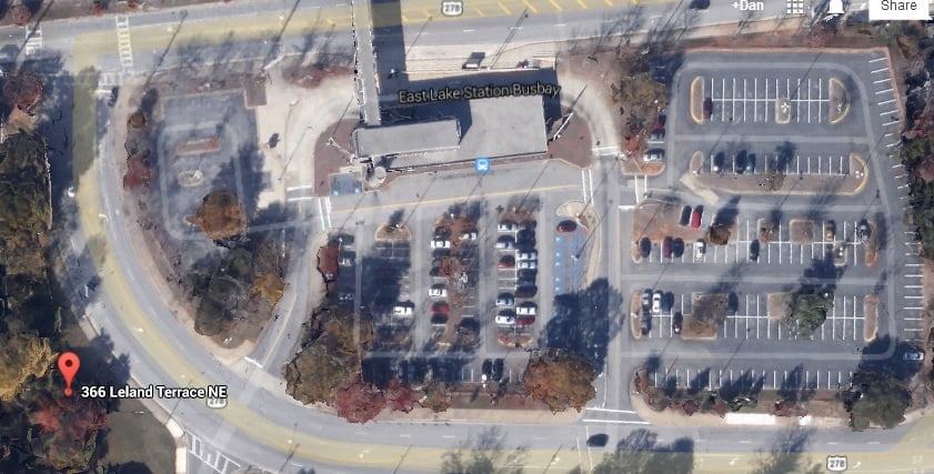This Google Earth image shows the location of a proposed development of two single family homes across from the East Lake MARTA station. 