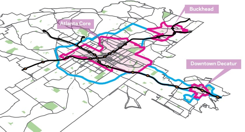 This is a map from a feasibility study that examined the possibility of a bike share program in Atlanta and Decatur. Atlanta decided to move forward with the program, but Decatur declined, citing the project's cost. 