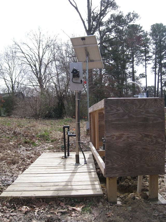 A photo of the Sugar Creek  Garden solar-powered water pump, courtesy of the Wylde Center.