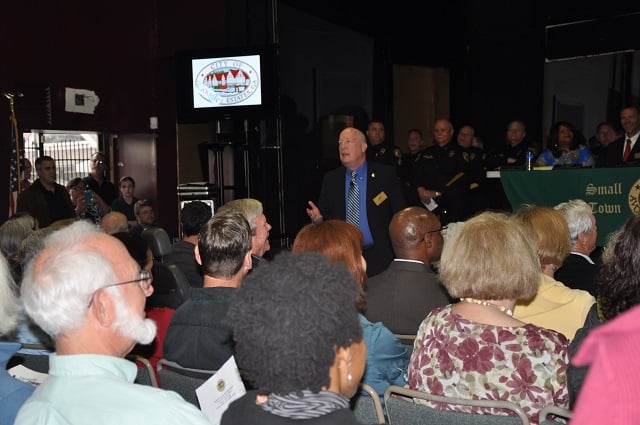 Avondale Estates Mayor Ed Rieker delivers his State of the City Speech at the Towne Cinema building on March 24, 2014. 