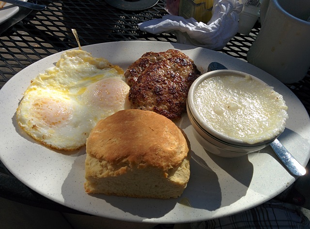 The Traditional Southern Breakfast includes egg, meat, biscuit or toast, grits or hash browns. I went with fried eggs, sausage, grits and the biscuit. I chose wisely. 