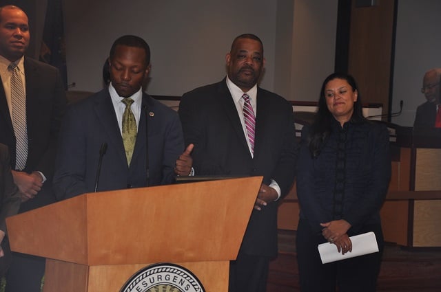 Board of Education Chairman Courtney English discusses the recent hiring of Meria Carstarphen, far right, as the new Atlanta Public Schools Superintendent. Photo by: Dan Whisenhunt