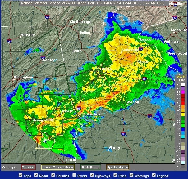 A radar image of our area, which is under a flood watch. Image courtesy of the National Weather service.