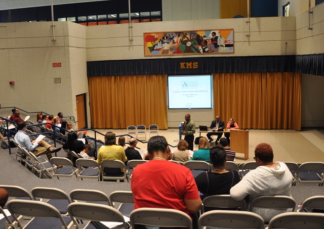 King Middle School Principal Paul Brown speaks to parents in the Jackson High Cluster during a meeting about merging King with Coan MIddle next year. Photo by: Dan Whisenhunt