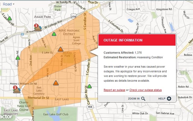 A map from Georgia Power showing current outages around the MAK Historic District in Decatur. 