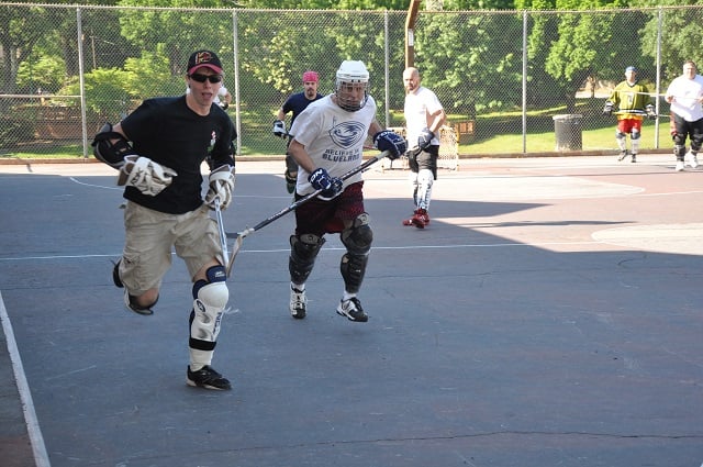 Atlanta Street Hockey Club members playing at Bessie Branham Park on Sunday, May 4, in Kirkwood.  Photo by Dan Whisenhunt