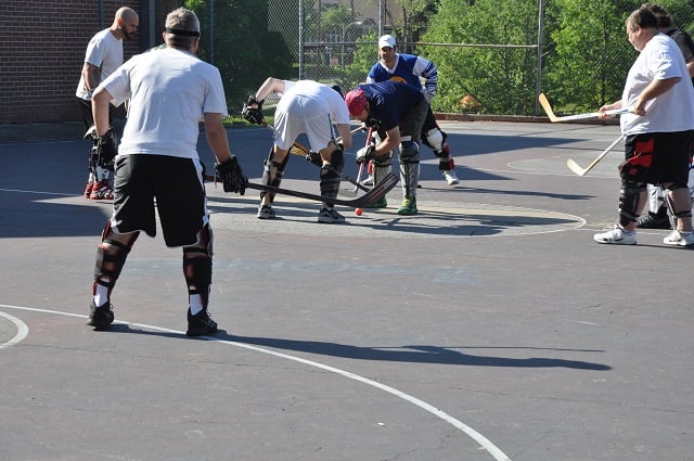 Atlanta Street Hockey Club members playing at Bessie Branham Park on Sunday, May 4, in Kirkwood. Photo by Dan Whisenhunt