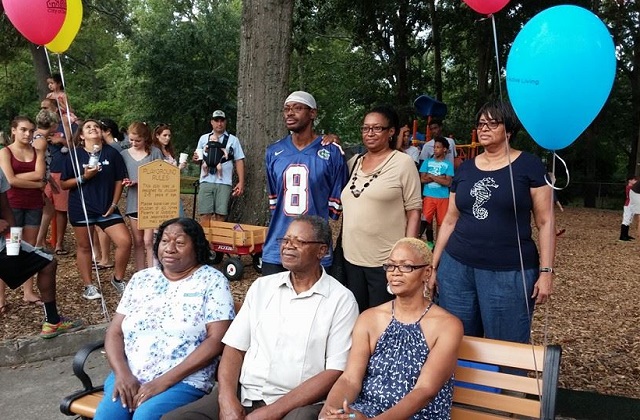 Members of Shirley Kendrick's Family pose for a picture while sitting on a bench dedicated in her honor near the youth baseball fields in Oakhurst. Photo provided by Alison Varner Post