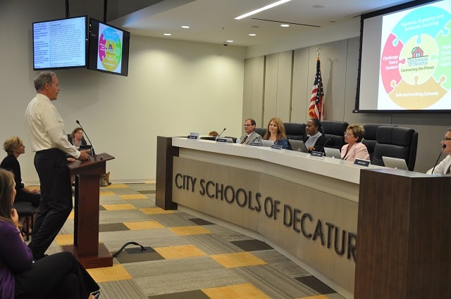 Dan Weber speaks to City Schools of Decatur Board of Education members on Sept. 8. Photo by Dan Whisenhunt