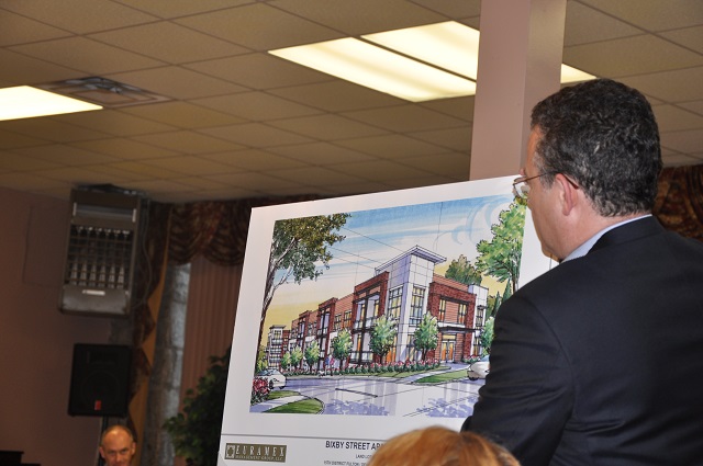 File Photo: Sept. 10, 2014. Euramex attorney Steve Rothman shows an artist's rendering of a proposed apartment project in Kirkwood. Photo by Dan Whisenhunt