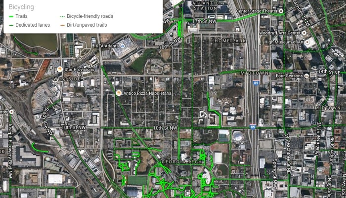This Google Map shows the dedicated bike lanes and bike-friendly roads in Midtown Atlanta. Source: Google Maps