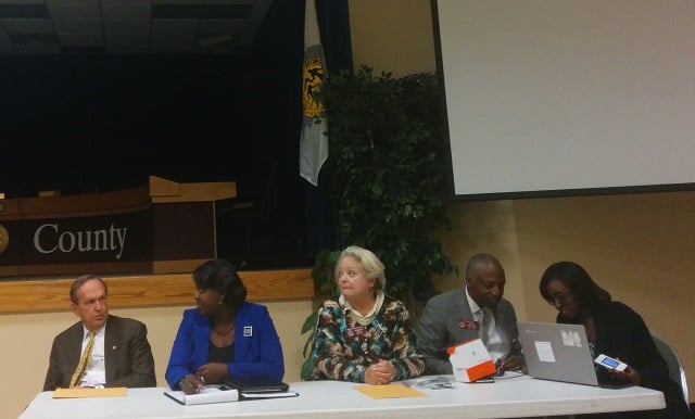 DeKalb Legislators at an Oct. 21 town hall meeting in Decatur. From left to right: State Sen. Fran Millar,  Reps. Tonya Anderson, Mary Margaret Oliver, Billy Mitchell and Dar'shun Kendrick. Photo by Dan Whisenhunt