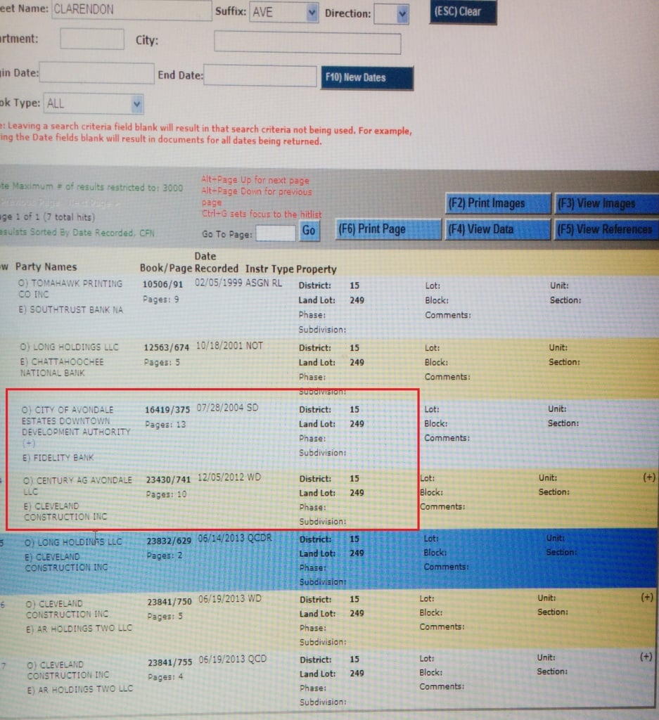 This is a screen shot of a DeKalb County database showing thie history of ownership of 12 North Clarendon Avenue. We have framed the relevant information with a red box. 