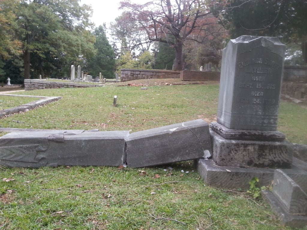 This is the Latimer plot in the old Decatur cemetery. Mary Latimer McLendon (1840-1921), sister of Rebecca Latimer Felton, first female U.S. senator, is buried here.  Ms. McLendon was a leading suffrage-st and Prohibitionist from Georgia.  She has a famous memorial at the state capital at the foot of the staircase that leads to the House of Representatives (a beautiful white marble fountain). I've read that she was given the honor to be the first female voter from Georgia but died before the election. Ms Cathy Vogel, from the Friends of Decatur Cemetery,  said that they think 50 mph winds toppled the monument last week. Photo submitted by Chris Billingsley
