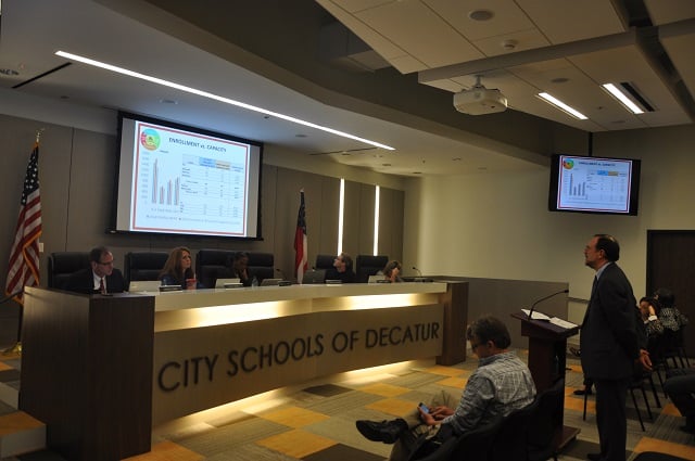Consultant Tom Sayre delivers a presentation to the City Schools of Decatur Board of Education on Nov. 5, 2014. Photo by Dan Whisenhunt
