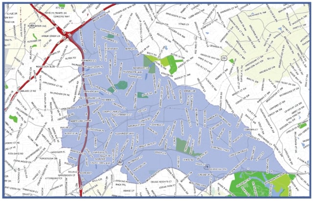 A map of the proposed city of Tucker, obtained via http://tucker2015.com/