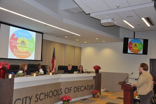 Decatur City Manager Peggy Merriss speaks to City Schools of Decatur Board of Education Members on Dec. 9. Photo by Dan Whisenhunt