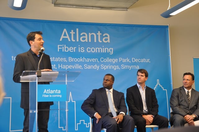 Scott Levitan, Google Director of Marketing, speaks during a Jan. 27 press conference. From right to left: Atlanta Mayor Kasim Reed, •Tom Lowry, Head of the Google Atlanta office, and •Tino Mantella, President, Technology Association of Georgia. Photo by Dan Whisenhunt