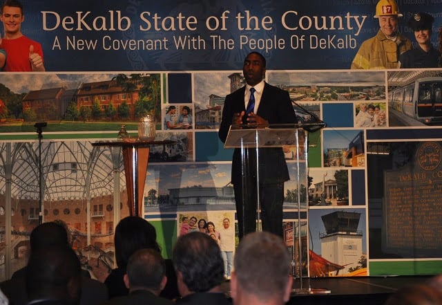 DeKalb CEO Lee May delivers his “State of the County” speech on Jan. 22, 2015. Photo by Dan Whisenhunt