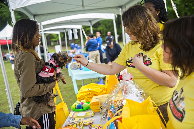 Liz Sellito (right) tries to give Lilo a treat as her owner Stacia Ghani holds her in her arms during the Paws for a Cause event. Photo by Jonathan Phillips