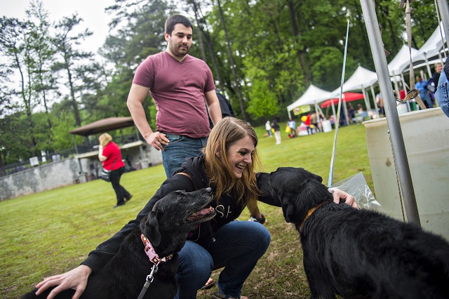 Tricia Johnston (center) pets Katie (left) and Maverick, two black labs, as John Griebel watches during the Paws for a Cause event. Photo by Jonathan Phillips
