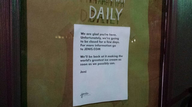 Sign on the door of Jeni's in Decatur. Photo by Dena Mellick