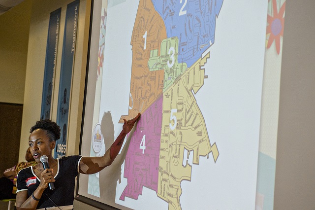 Mattice Haynes helps lead the discussion during the Community Action Planning Cafe Conversation at Ebster Gym on Saturday. Photo: Jonathan Phillips