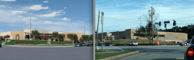 LEFT: a schematic recently shared by Walmart.                    RIGHT:  current state of construction (2nd week August 2015). Walmart in progress -- as seen from Medlock Road. Photo provided by www.medlockpark.org