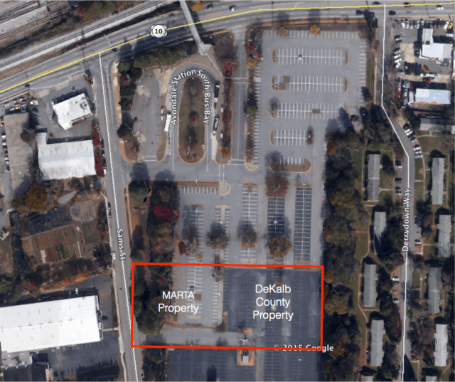 Columbia Ventures provided this Google view of the MARTA property and property owned by DeKalb County that it is trying to obtain.