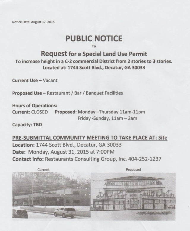 A meeting is set for August 31 to discuss a Special Land Use Permit for a restaurant on Scott Boulevard. Notice from www.medlockpark.org