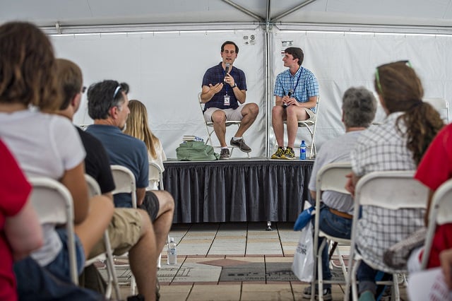 Author David Levithan (left) speaks to the crowd about his newest book while on the Teen Stage with Will Walton during the Decatur Book Festival on Saturday. Photo: Jonathan Phillips