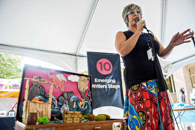 Author Leisa Rich speaks to the crowd while on the Emerging Writers Stage during the Decatur Book Festival on Saturday. Photo: Jonathan Phillips
