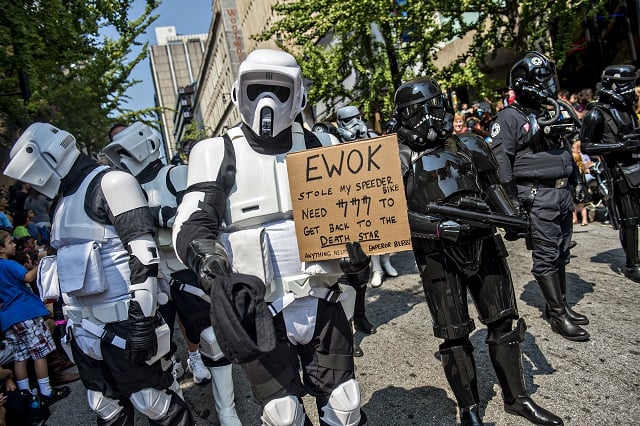 Even scout troopers have a sense of humor as the annual DragonCon Parade marches down the street in Atlanta on Saturday. Photo: Jonathan Phillips