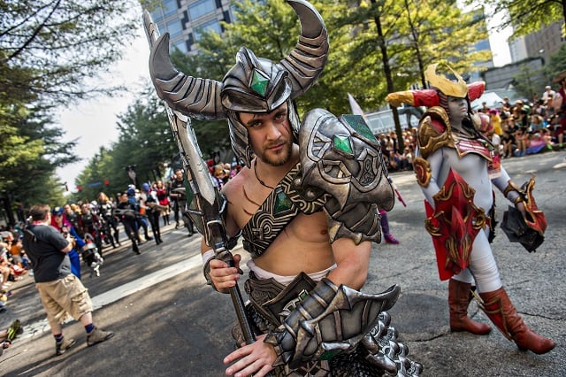 Justin Little marches down Peachtree St. in Atlanta during the annual DragonCon Parade on Saturday. Photo: Jonathan Phillips