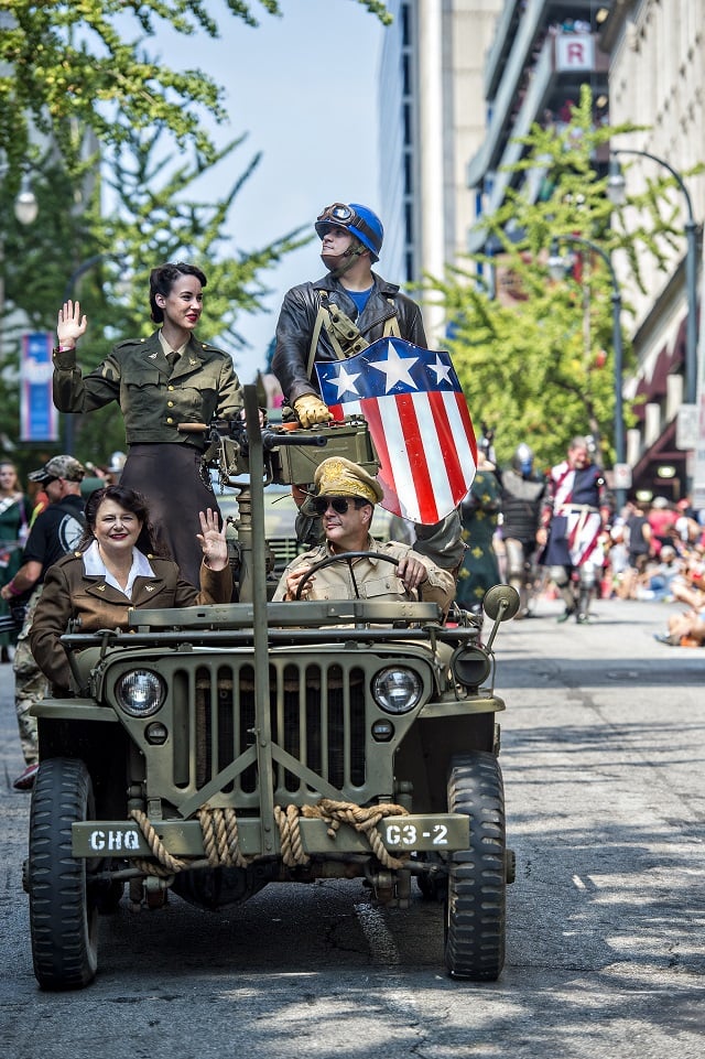Captain America is driven down the street during the annual DragonCon Parade in Atlanta on Saturday. Photo: Jonathan Phillips