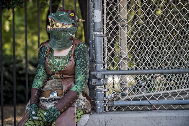 Michelle Allen waits for the start of the annual DragonCon Parade in Atlanta on Saturday. Photo: Jonathan Phillips