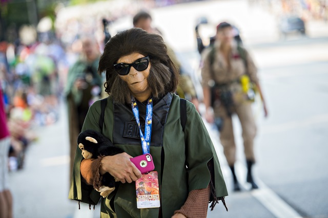 Dressed as Dr. Zira from Planet of the Apes, Mary Lou Valasquez makes her way towards the staging area before the start of the annual DragonCon Parade in Atlanta on Saturday. Photo: Jonathan Phillips