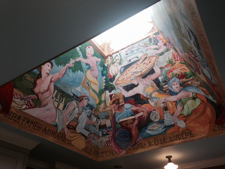 Campy fauvist mural in skylit ceiling of Oakhurst Castle. Photo by Jemille Williams