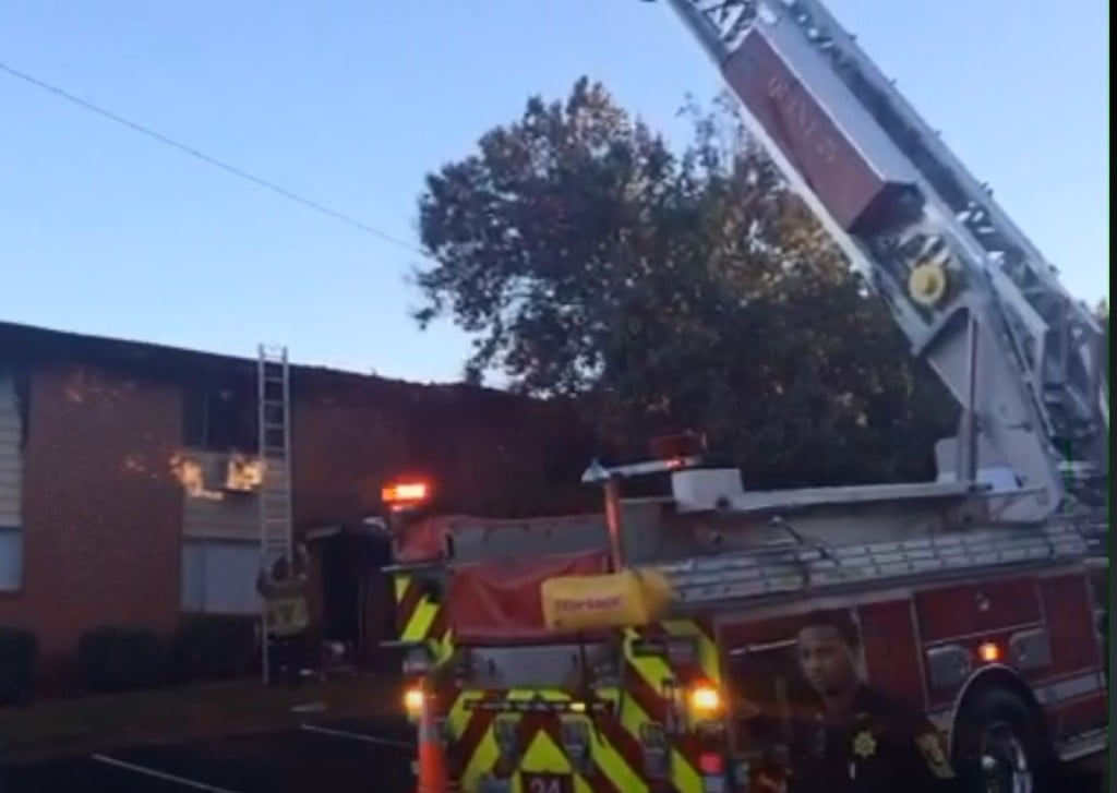 A screen shot of the apartment fire on Covington Highway, posted on DeKalb County Fire Rescue Social media. 