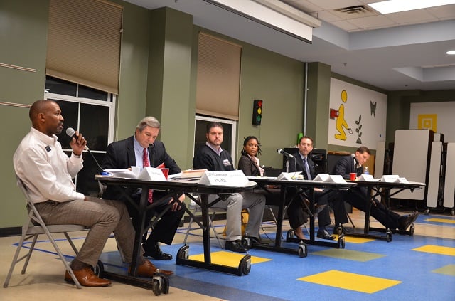 Candidates respond to questions from the audience during a forum at Winnona Park Elementary School Tuesday evening, Oct. 20. Photo by Mariann Martin