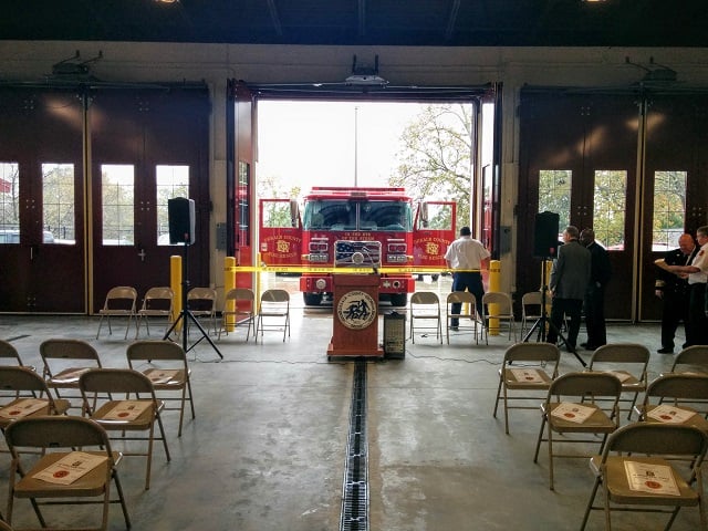 The bay doors open to reveal a fire truck in the newly rebuilt fire station No. 3 in Avondale Estates. Photo by Dan Whisenhunt