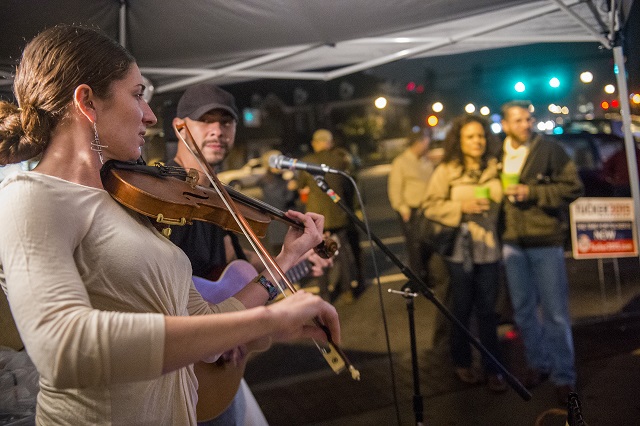 Faye Petree (left) and Mikhail Petersen perform live during the election night party in Tucker on Tuesday. Photo: Jonathan Phillips