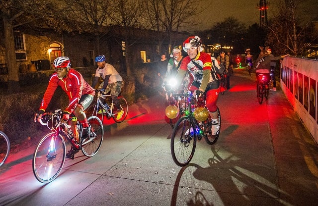 Around 50 cyclists head up the Atlanta Beltline's Eastside Trail for the annual Atlanta Christmas Ride on Wednesday evening. Photo: Jonathan Phillips