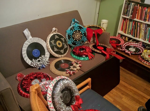 A collection of wreaths made from vinyl records displayed in Greg Germani's home. Photo by Dan Whisenhunt
