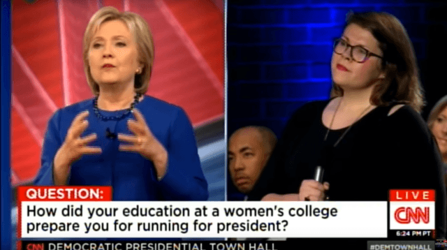 Agnes Scott alumnae Sally Horne asked Democratic presidential candidate Hillary Clinton a question during the South Carolina Democratic townhall.