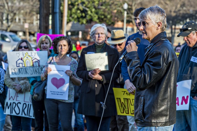 Angela Wade (right), a retired teacher, speaks during the Rally for Riley across from Decatur High School on Monday morning. Photo: Jonathan Phillips