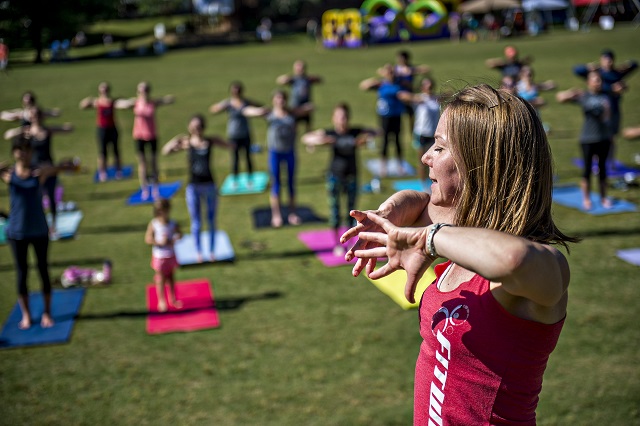 Jenny Goodwin leads a yoga class during the Kirkwood Spring Fling on Saturday. Photo: Jonathan Phillips